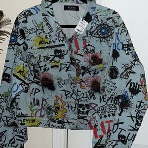 AKIRA All Over Print Denim Jacket. Size Large. NWT